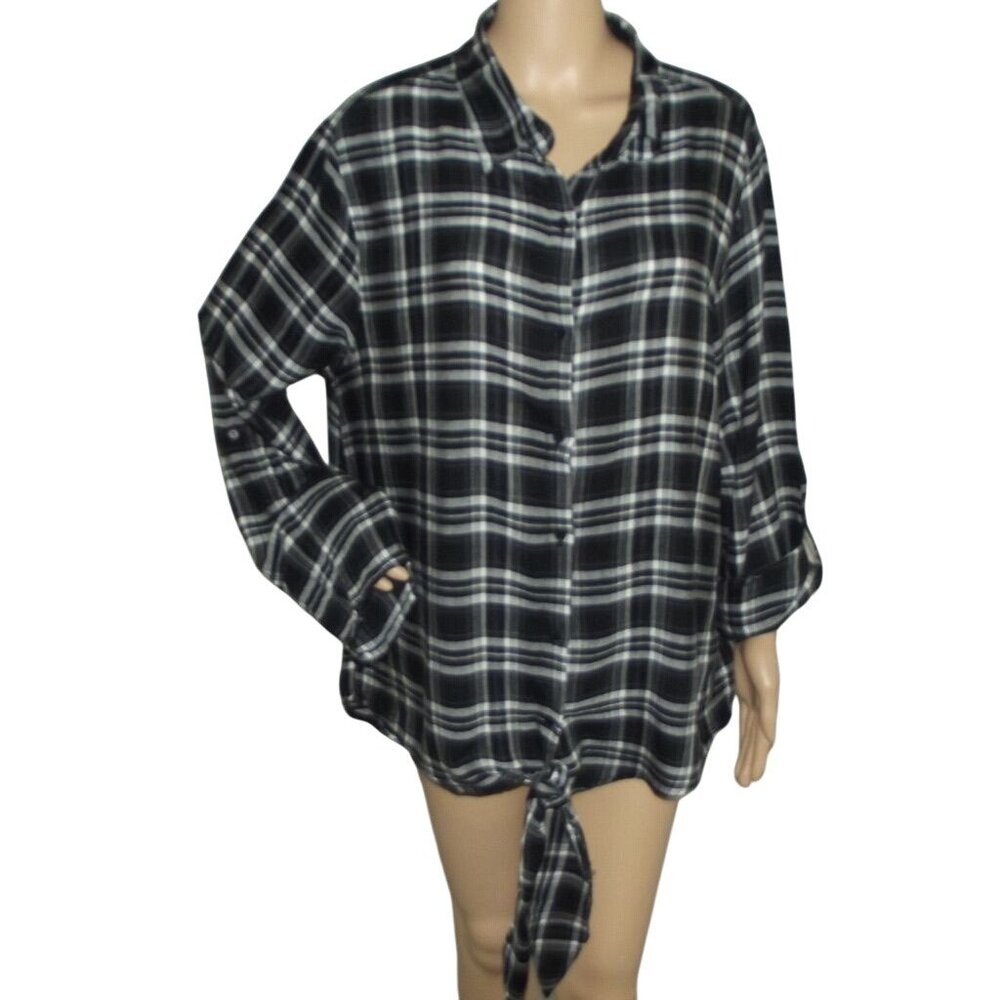 Indulge Blouse Womens Plus 2X Black White Plaid Tie Front button down top shirt